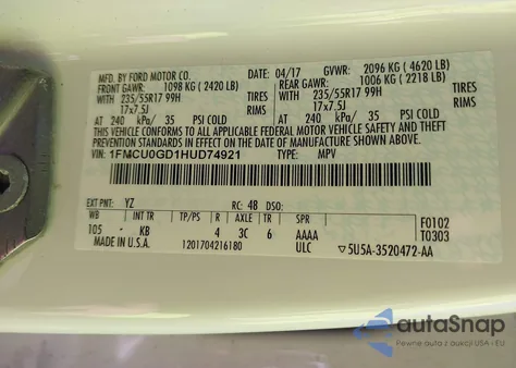 2017 Ford Escape Se из США, поврежденный, VIN 1FMCU0GD1HUD74921